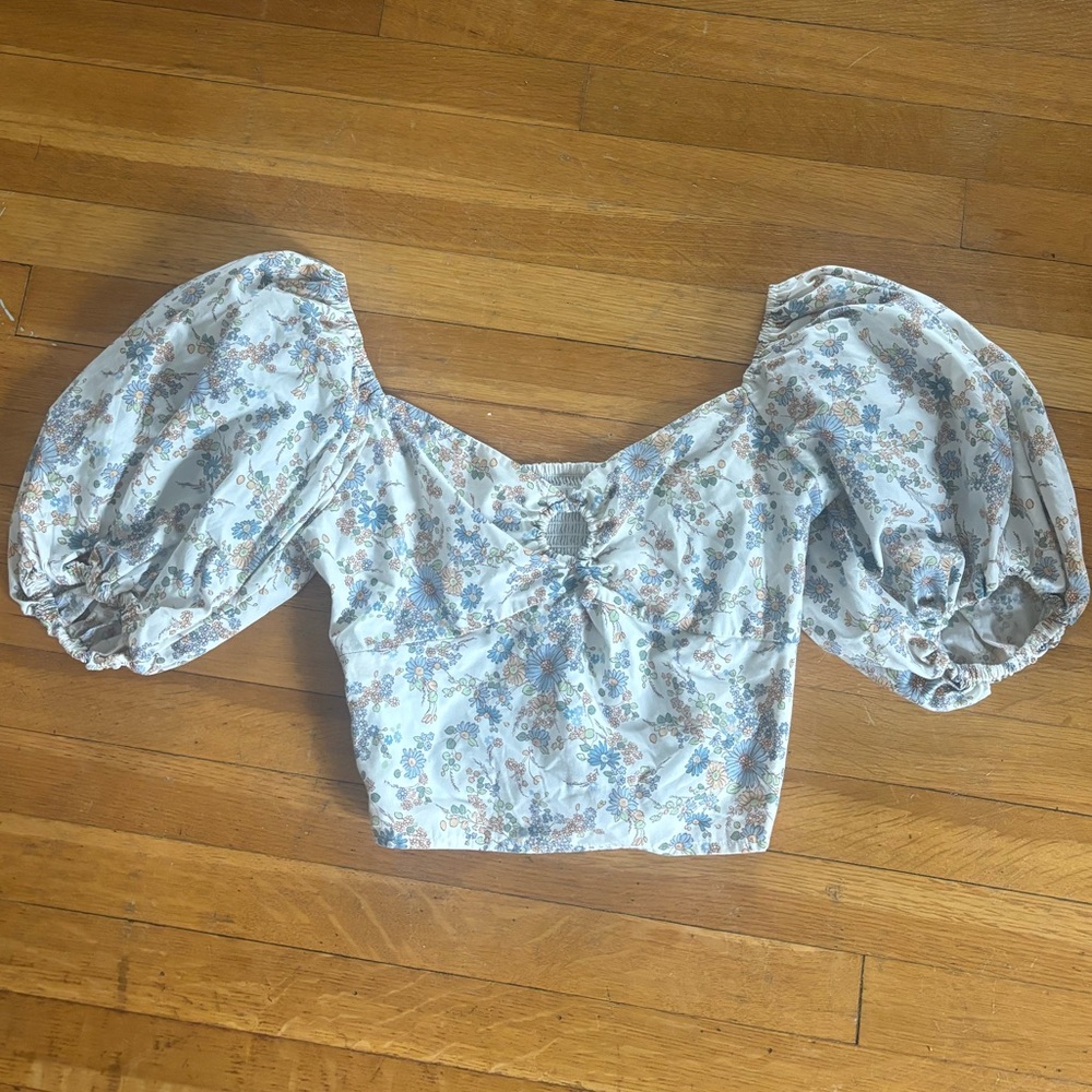 Abercrombie & Fitch Floral Puff Sleeve Blouse - Cream and Blue